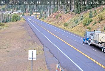US 160 MP 168.20 EB : 0.5 miles E of Wolf Creek Ski Area — Looking West road camera