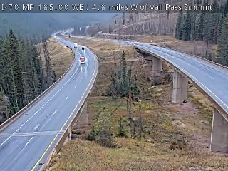 Live traffic camera: I-70 MP 185.00 WB : 4.8 miles W of Vail Pass Summit
